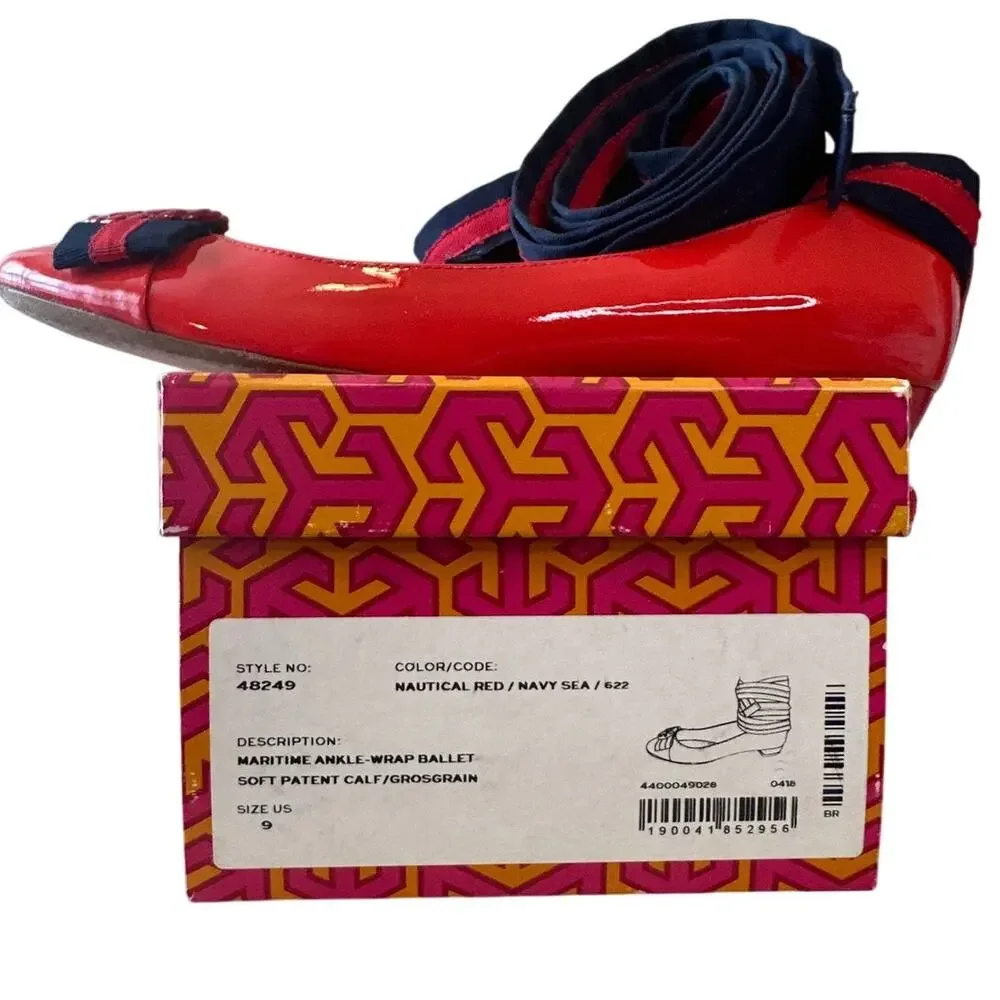 Tory Burch Maritime Ankle Wrap Ballet Flats Red Navy Patent Size 9
